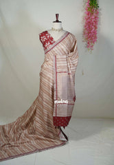 Biscut Beige Brown - Chitraleka - Semi Tussar Silk with Hand Stitched Ajrakh Patchwork  | Perfect for Small Functions