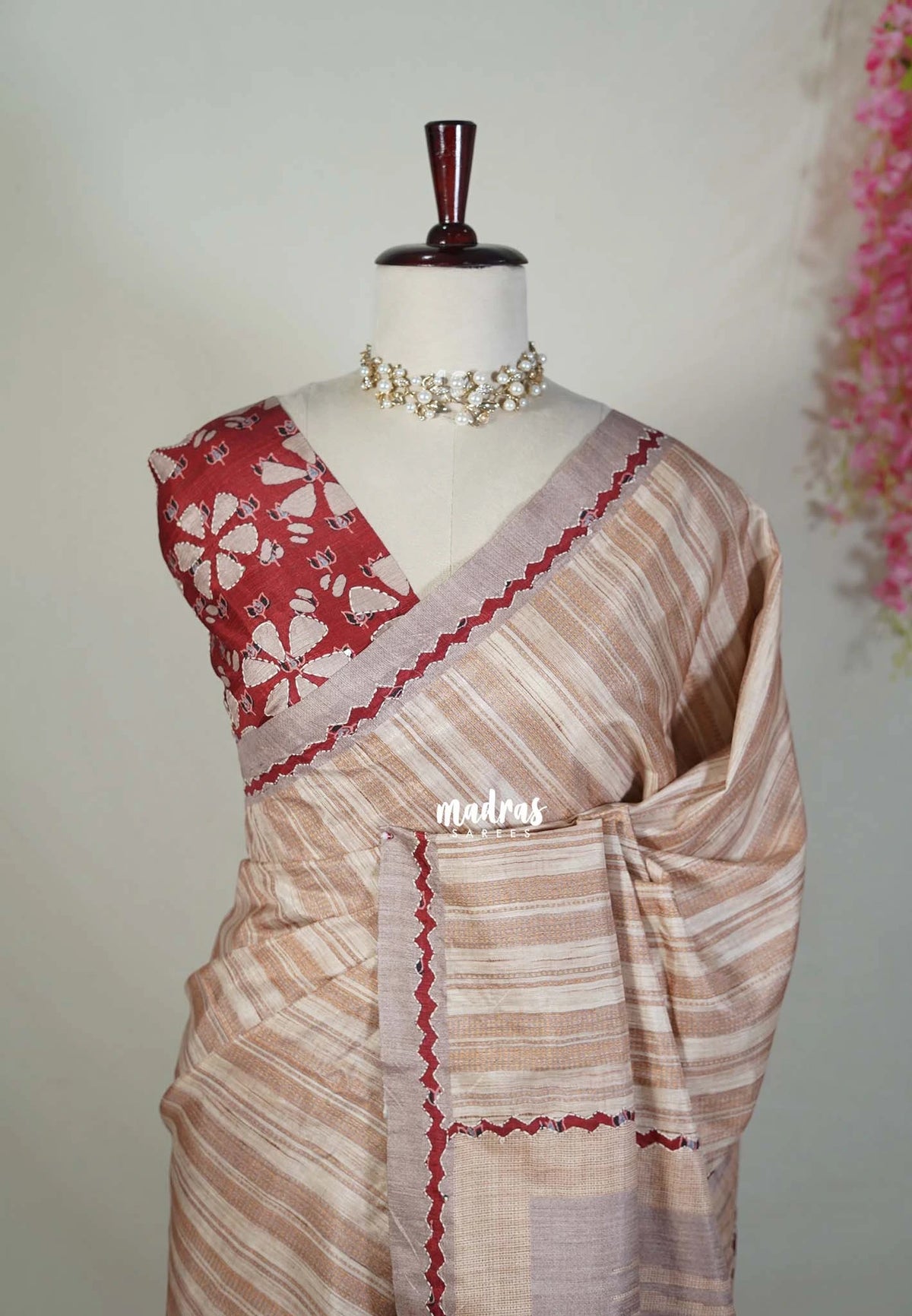 Biscut Beige Brown - Chitraleka - Semi Tussar Silk with Hand Stitched Ajrakh Patchwork  | Perfect for Small Functions