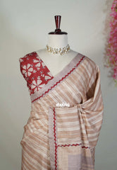 Biscut Beige Brown - Chitraleka - Semi Tussar Silk with Hand Stitched Ajrakh Patchwork  | Perfect for Small Functions