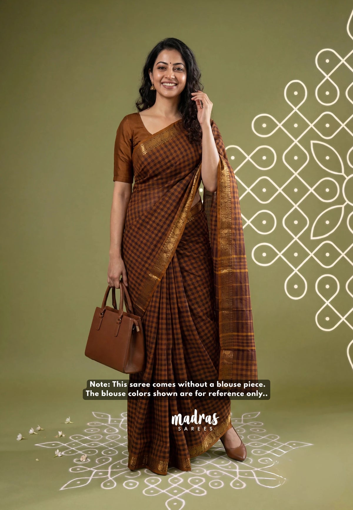 Mustard and Brown - Classic Kanchi Cotton Kandangi Checks Rundraksham, Annam Zari Border without Blouse - Best for Temple Visit