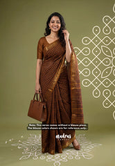 Mustard and Brown - Classic Kanchi Cotton Kandangi Checks Rundraksham, Annam Zari Border without Blouse - Best for Temple Visit