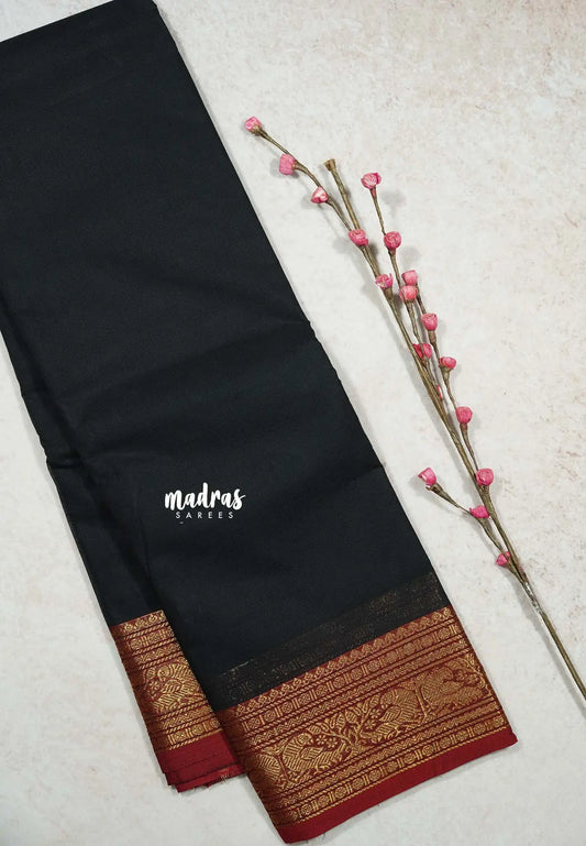 Black - Classic Kanchi cotton Saree Plain body with Rudrakshma & Peacock Border