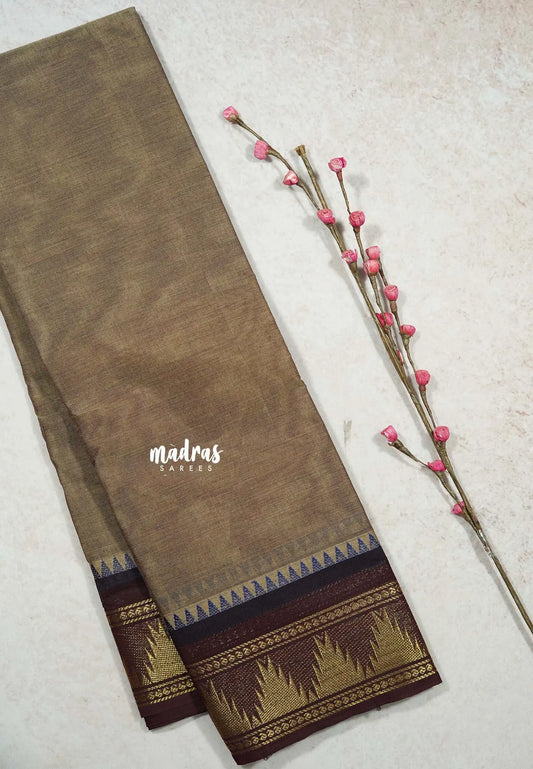 Dual shade Mild Brown - Classic Kanchi cotton Saree Plain body with Temple Zari Border