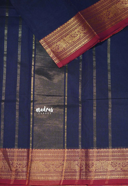 Navy Blue - Classic Kanchi cotton Saree Plain body with Rudrakshma & Peacock Border