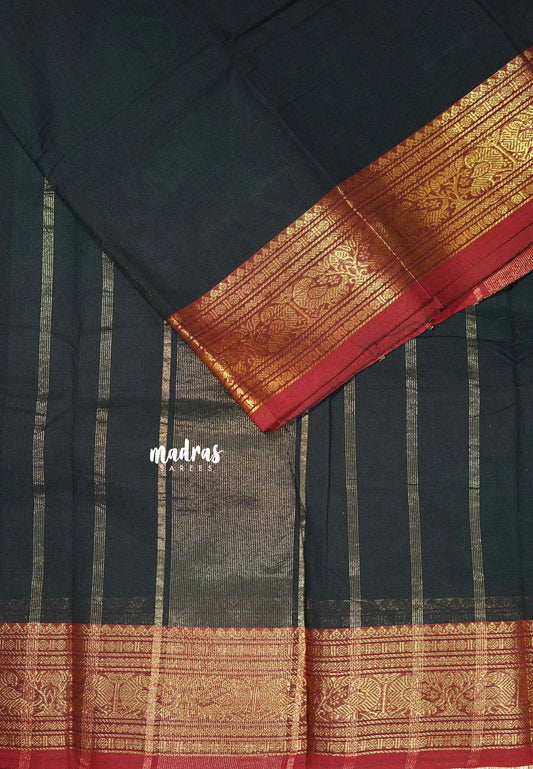 Black - Classic Kanchi cotton Saree Plain body with Rudrakshma & Peacock Border