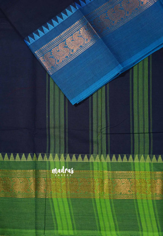 Navy Blue - Classic Kanchi cotton plain body with ganga jamuna border
