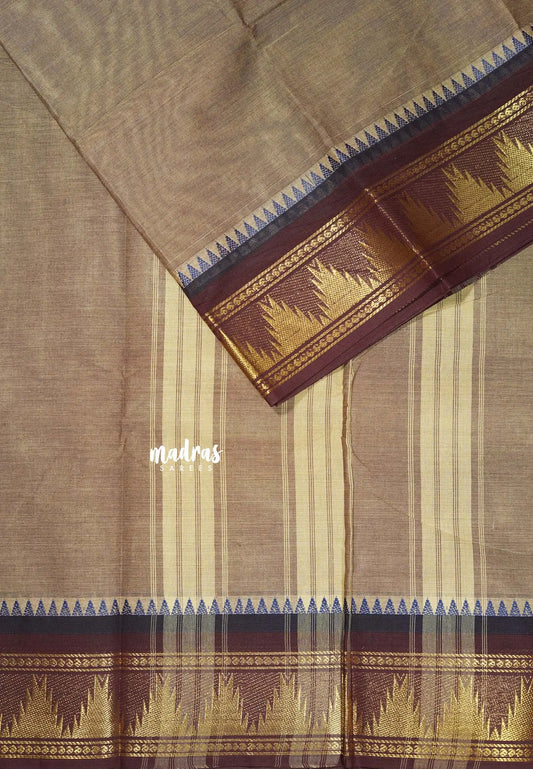 Dual shade Mild Brown - Classic Kanchi cotton Saree Plain body with Temple Zari Border