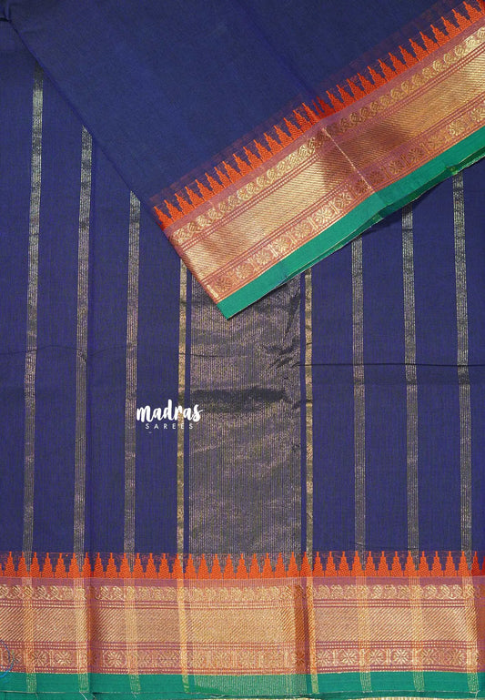 Navy Blue - Classic Kanchi cotton Saree Plain body with Zari Border