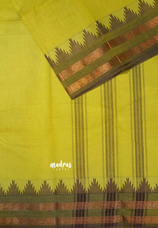 Greenish Yellow - Classic Kanchi cotton Saree Plain body with Rudrakshma & Temple Border