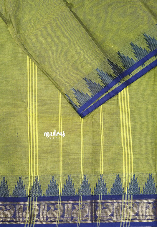 Dual shade Chutney Green - Classic Kanchi cotton Saree Plain body with Temple Zari Border
