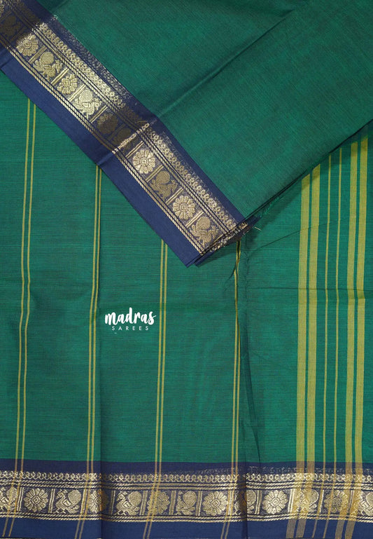 Dark Green - Classic Kanchi cotton Saree Plain body with small peacock and flower Border
