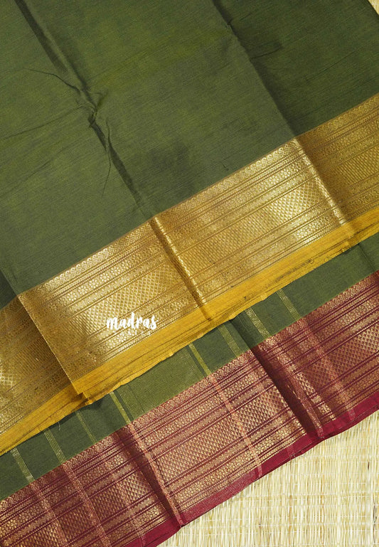 Olive Green - Classic Kanchi cotton Saree Plain body with Ganga Jamuna Border
