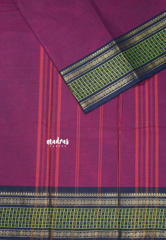 Magenta Purple - Classic Kanchi cotton Saree Plain body with Rudraksham and checks Border