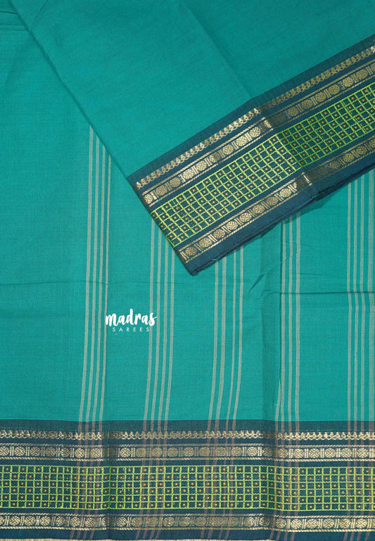 Teal Green - Classic Kanchi cotton Saree Plain body with Rudraksham and checks Border