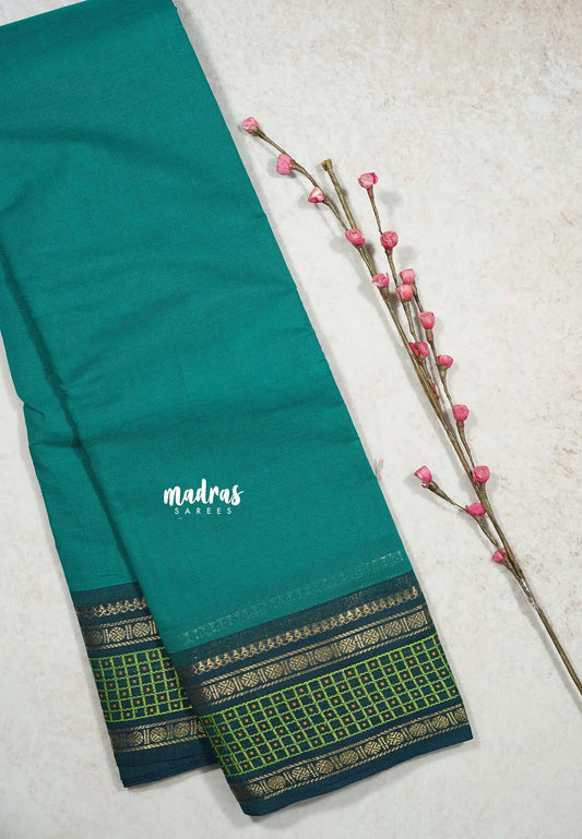 Teal Green - Classic Kanchi cotton Saree Plain body with Rudraksham and checks Border