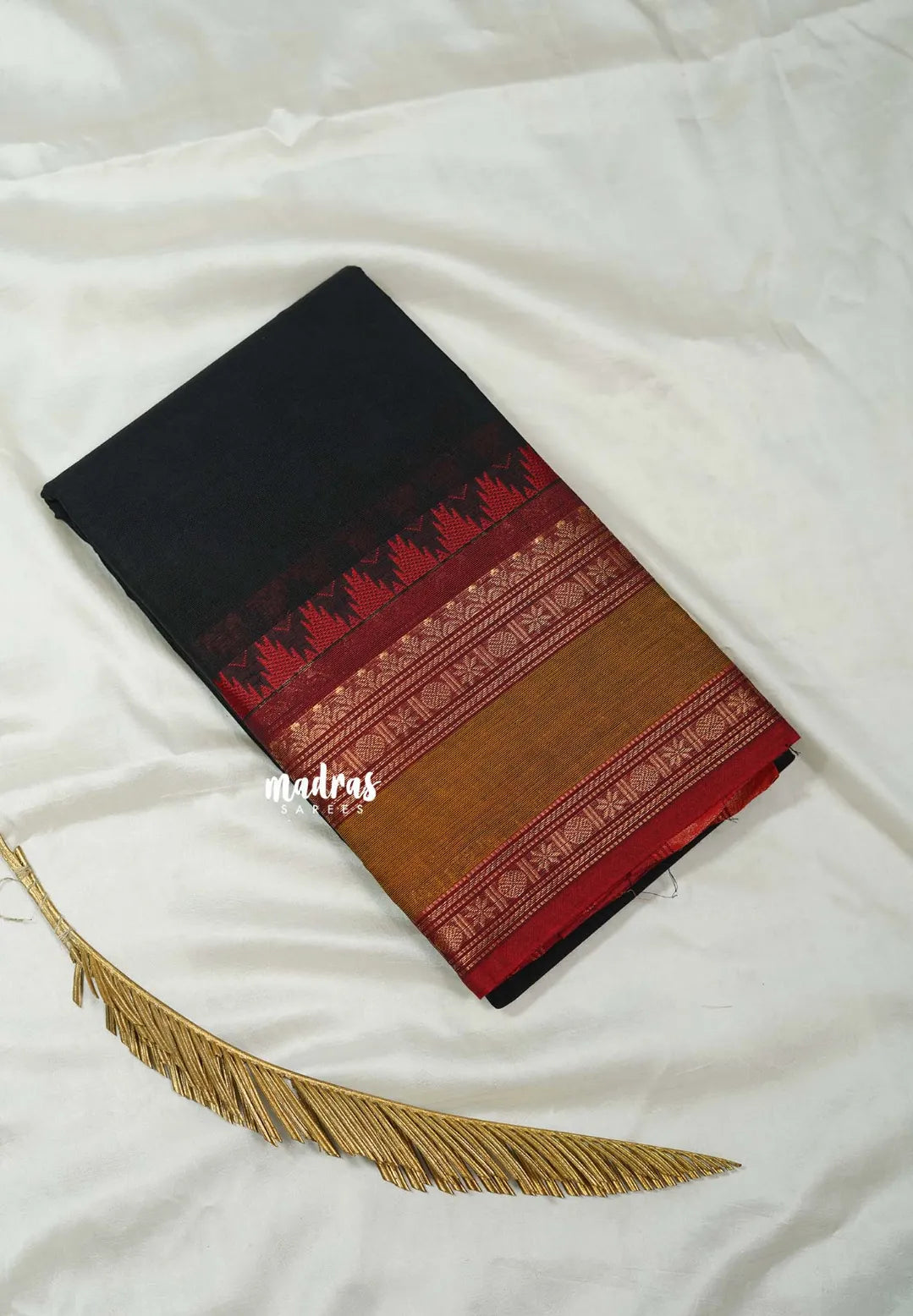Black - Classic Kanchi cotton Saree Plain body with Rettapetta & Temple Border -  Best for Temple Visit