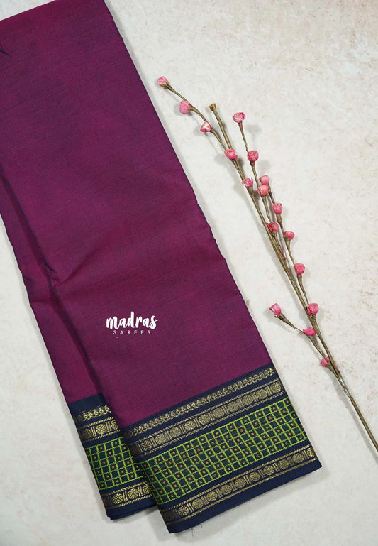 Magenta Purple - Classic Kanchi cotton Saree Plain body with Rudraksham and checks Border