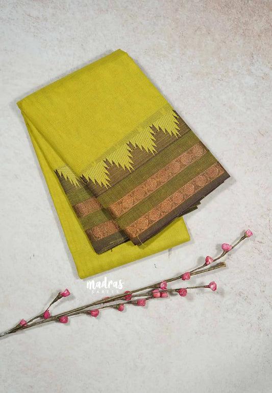 Greenish Yellow - Classic Kanchi cotton Saree Plain body with Rudrakshma & Temple Border