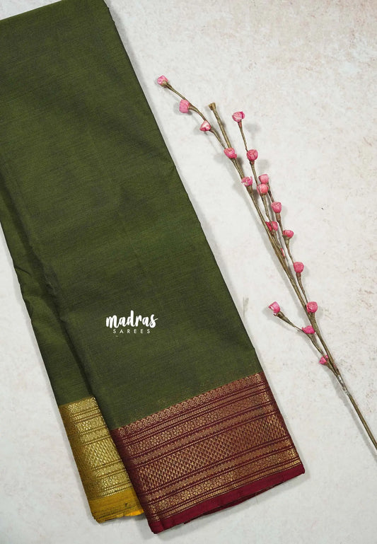 Olive Green - Classic Kanchi cotton Saree Plain body with Ganga Jamuna Border