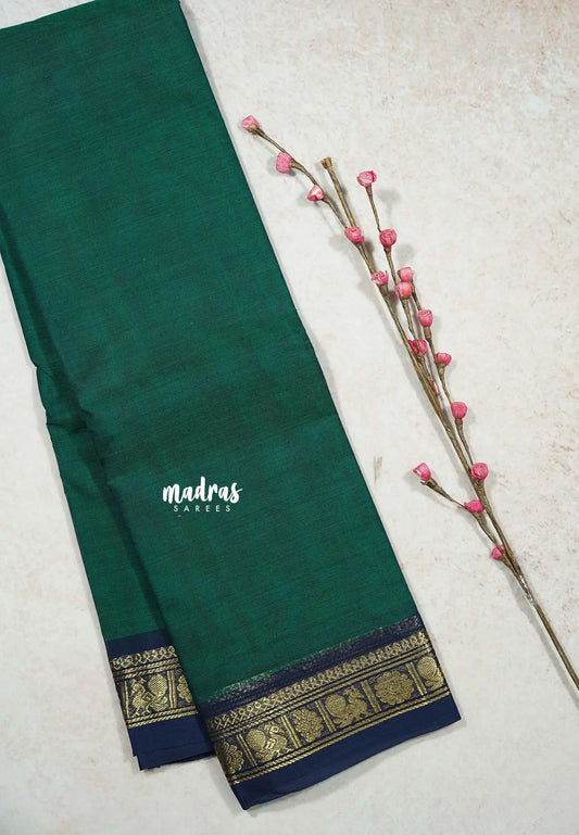 Dark Green - Classic Kanchi cotton Saree Plain body with small peacock and flower Border