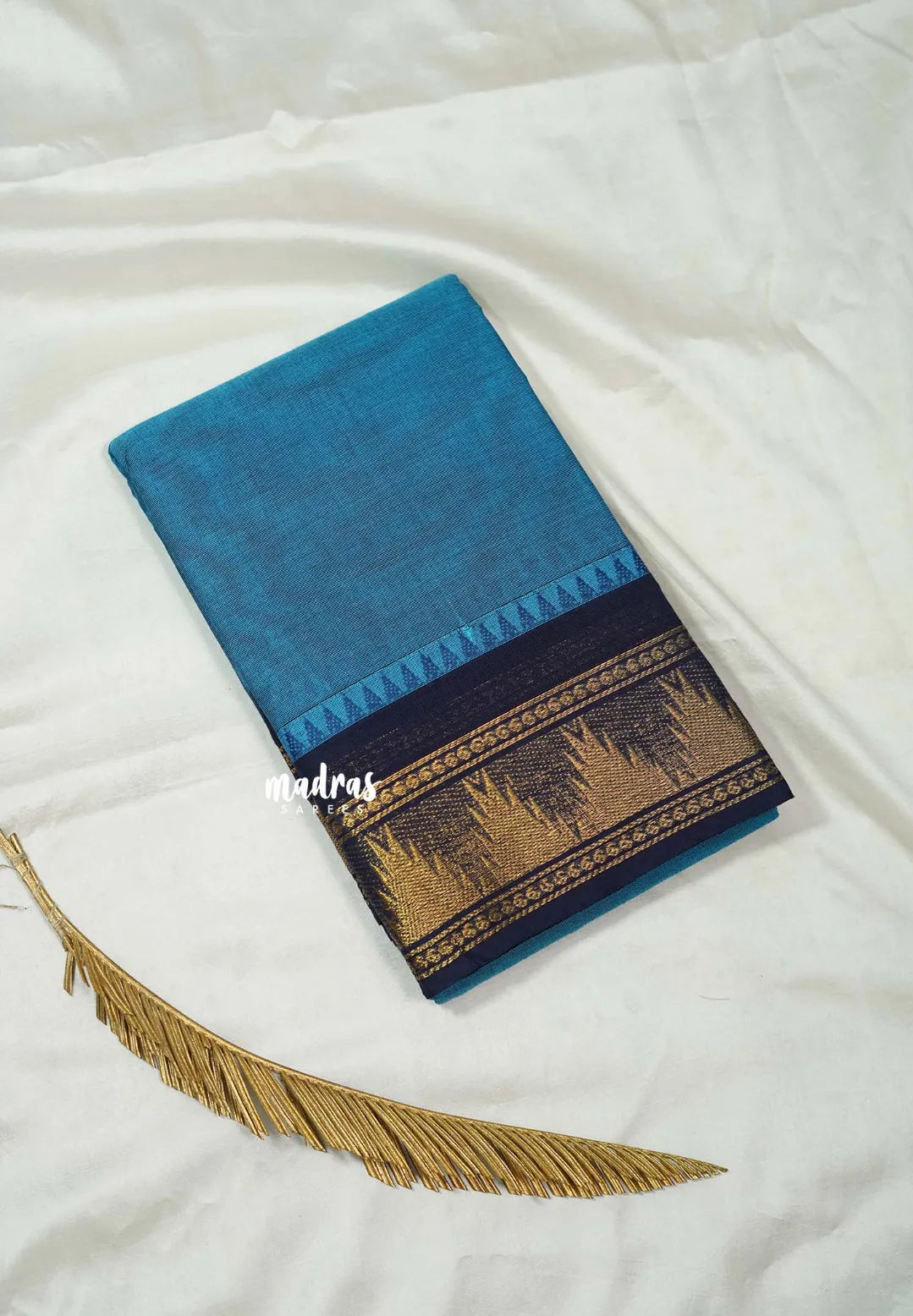 Olympic Blue - Classic Kanchi cotton Saree Plain body with Temple Border -  Best for Temple Visit