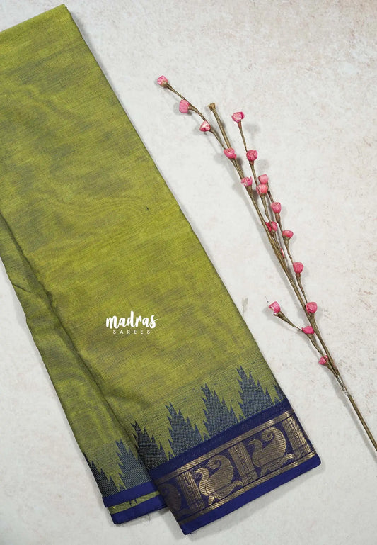 Dual shade Chutney Green - Classic Kanchi cotton Saree Plain body with Temple Zari Border