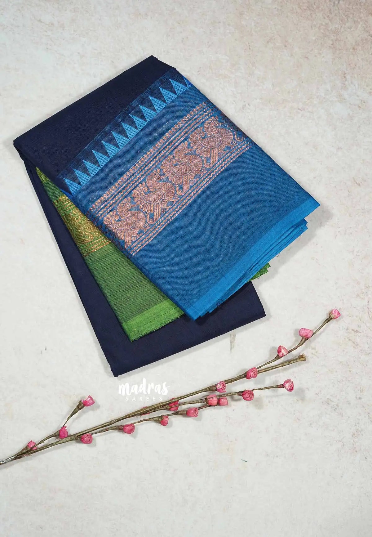 Navy Blue - Classic Kanchi cotton plain body with ganga jamuna border
