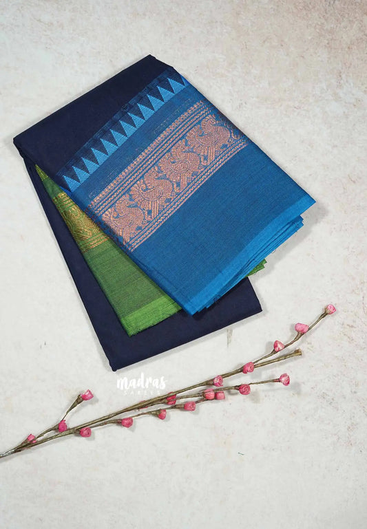 Navy Blue - Classic Kanchi cotton plain body with ganga jamuna border