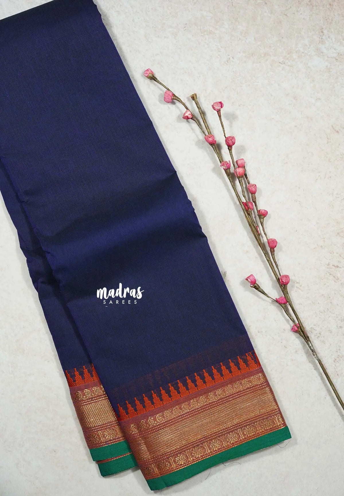 Navy Blue - Classic Kanchi cotton Saree Plain body with Zari Border