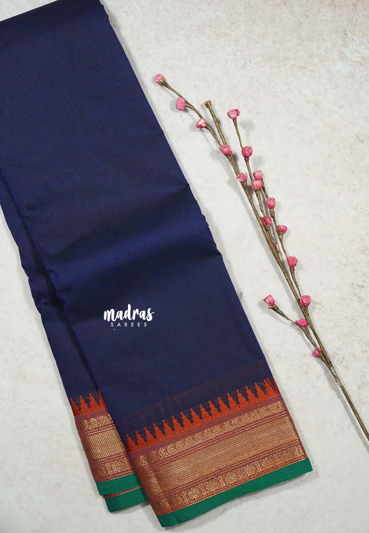 Navy Blue - Classic Kanchi cotton Saree Plain body with Zari Border