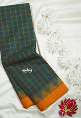Dark Green - Classic Kanchi Chettinad Cotton Kandangi Checks with Temple Weaving Border without Blouse - Best for Temple Visit