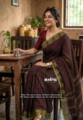 Deep Coffee Brown - Classic Kanchi chettinad Cotton Kandangi Checks with Thread Weaving Border without Blouse - Best for Temple Visit