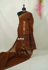 Mustard and Brown - Classic Kanchi Cotton Kandangi Checks Rundraksham, Annam Zari Border without Blouse - Best for Temple Visit