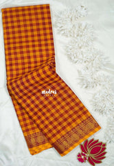 Yellowish Orange with Maroon - Classic Kanchi Cotton Kandangi Checks with Zari Border without Blouse - Best for Temple Visit