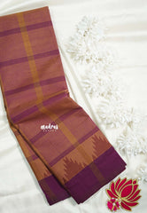 Dual Shade Mustard and Purple - Classic Kanchi Chettinad Cotton Kandangi Big Checks with Temple Weaving Border without Blouse - Best for Temple Visit