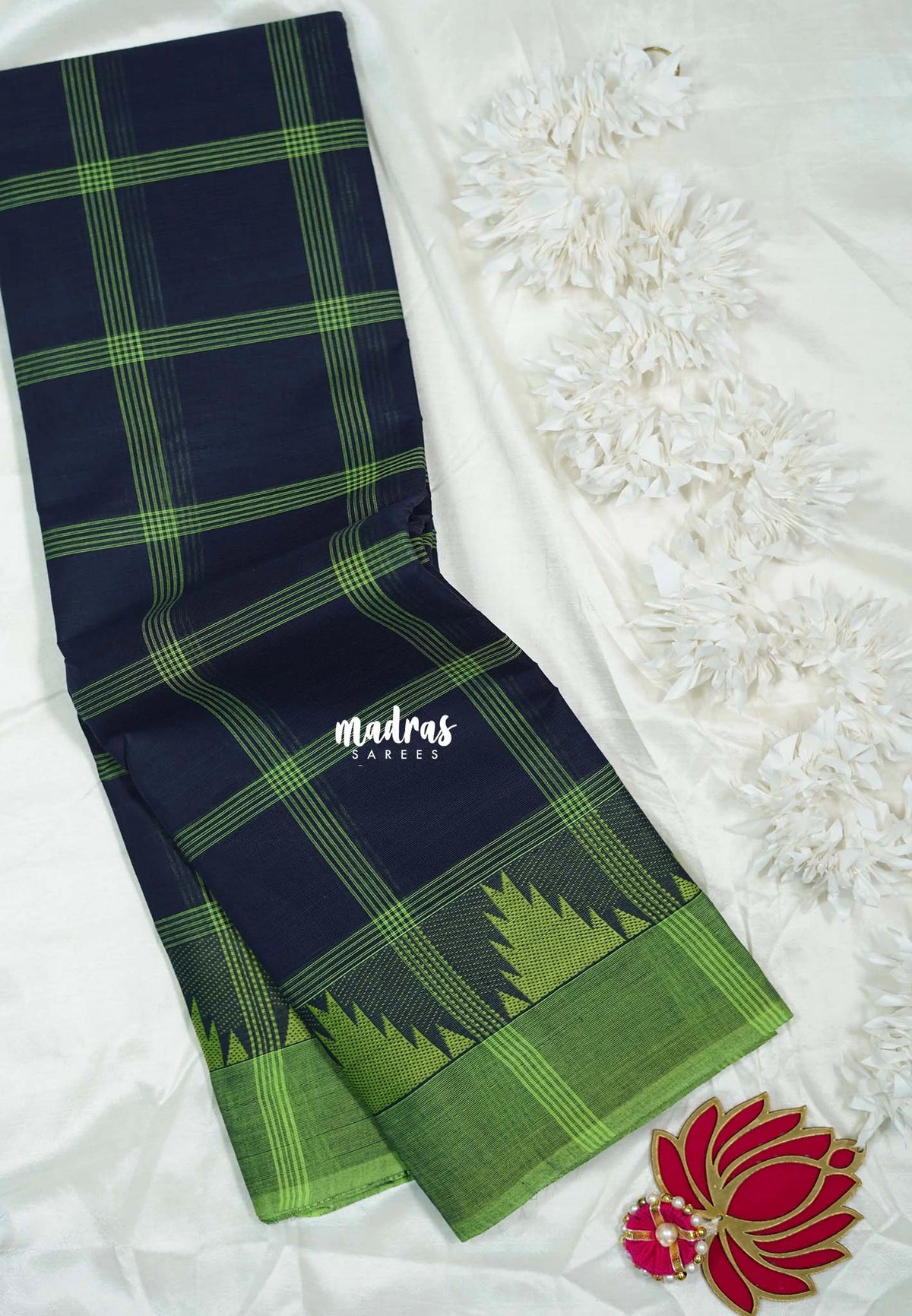 Midnight Blue - Classic Kanchi Chettinad Cotton Kandangi Big Checks with Temple Weaving Border without Blouse - Best for Temple Visit