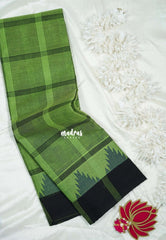 Muted Parrot Green - Classic Kanchi Chettinad Cotton Kandangi Big Checks with Temple Weaving Border without Blouse - Best for Temple Visit