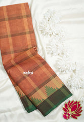 Rust Peach - Classic Kanchi Chettinad Cotton Kandangi Big Checks with Temple Weaving Border without Blouse - Best for Temple Visit