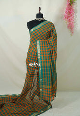 Yellowish Orange with Teal Green - Classic Kanchi Cotton Kandangi Checks Zari Border without Blouse - Best for Temple Visit