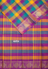 Yellowish Orange, Green and Magenta - Classic Kanchi Cotton Paalum Pazhamum kandangi Kattam with Ruddraksham and Temple Border without Blouse - Best for Temple Visit