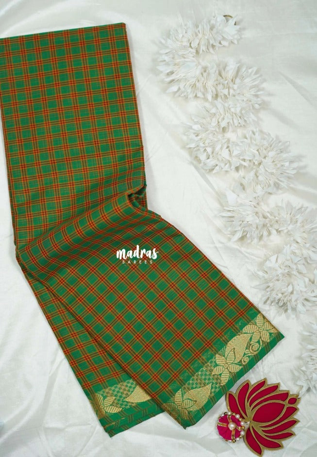 Green with Orange - Classic Kanchi Cotton Kandangi Checks Floral Zari Border without Blouse - Best for Temple Visit