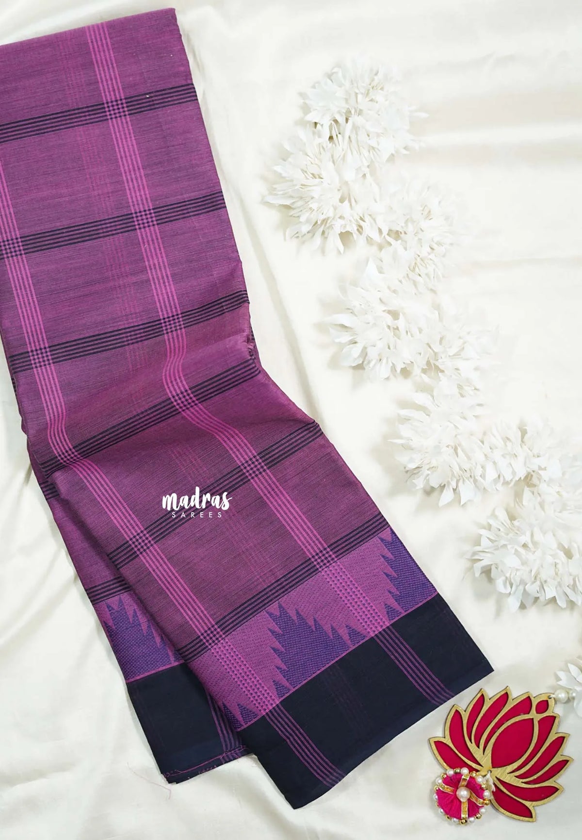 Magenta Pink - Classic Kanchi Chettinad Cotton Kandangi Big Checks with Temple Weaving Border without Blouse - Best for Temple Visit