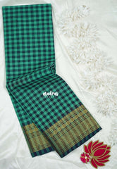 Green with Blue - Classic Kanchi Cotton Kandangi Checks Zari Border without Blouse - Best for Temple Visit