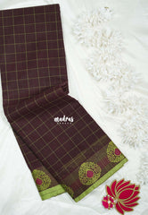 Deep Coffee Brown - Classic Kanchi chettinad Cotton Kandangi Checks with Thread Weaving Border without Blouse - Best for Temple Visit