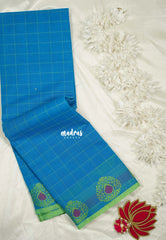 Dodger Blue - Classic Kanchi chettinad Cotton Kandangi Checks with Thread Weaving Border without Blouse - Best for Temple Visit