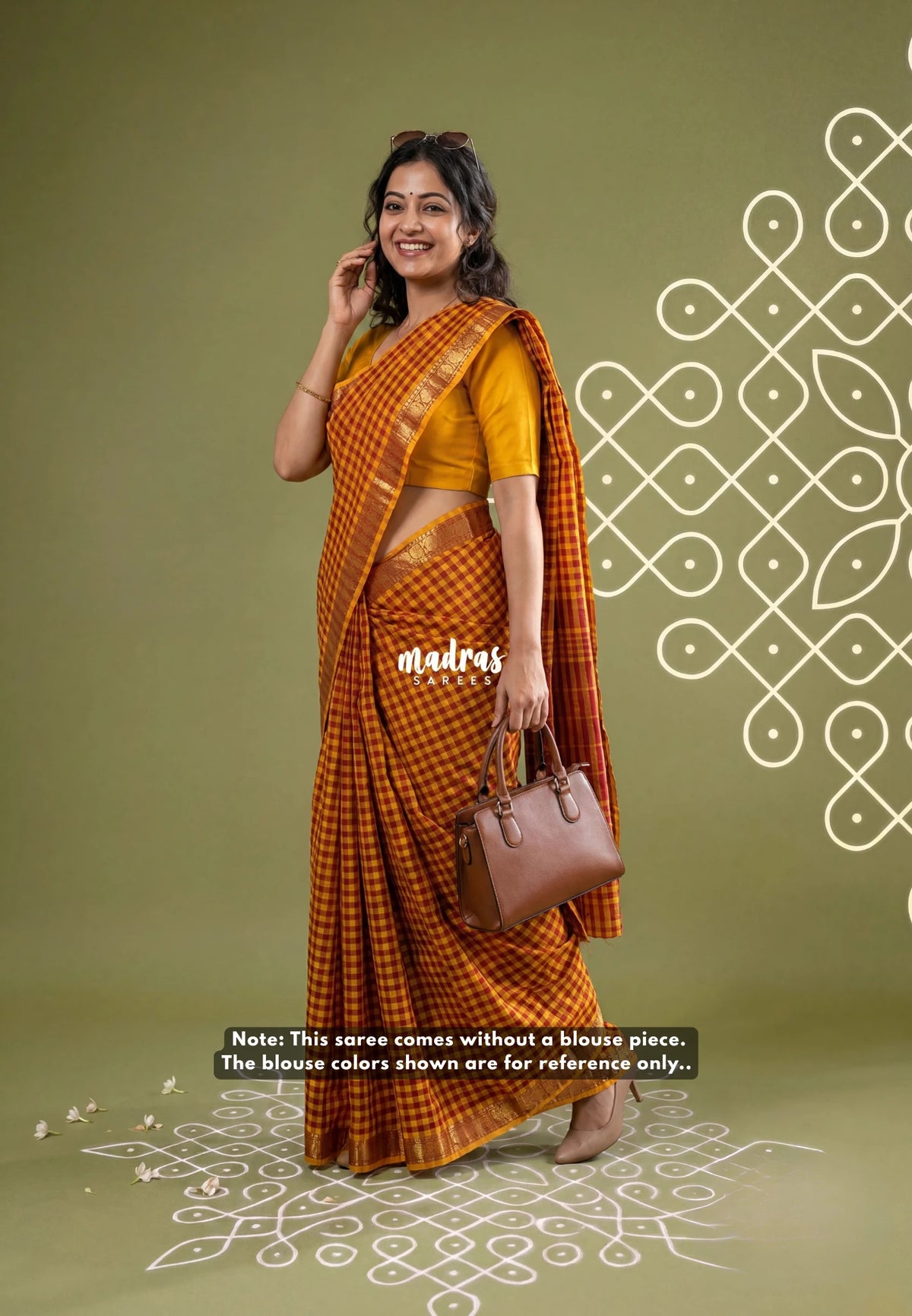 Yellowish Orange with Maroon - Classic Kanchi Cotton Kandangi Checks with Zari Border without Blouse - Best for Temple Visit
