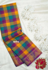 Yellowish Orange, Green and Magenta - Classic Kanchi Cotton Paalum Pazhamum kandangi Kattam with Ruddraksham and Temple Border without Blouse - Best for Temple Visit