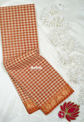 Beige with Brick Orange - Classic Kanchi Cotton Kandangi Checks with Zari Border without Blouse - Best for Temple Visit