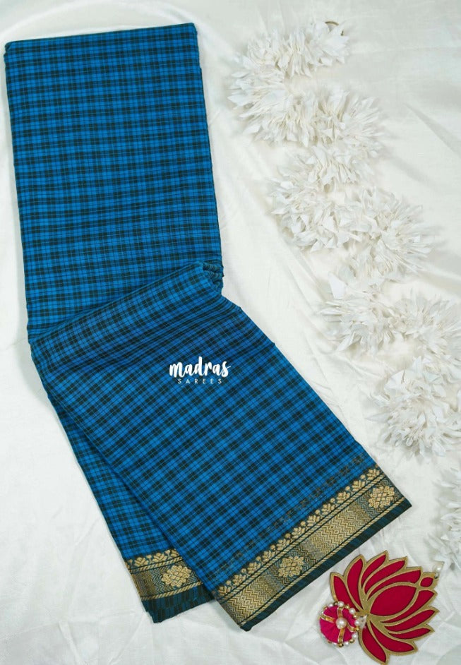 Blue with Midnight Green - Classic Kanchi Cotton Kandangi Checks with Traditional Zari Border without Blouse - Best for Temple Visit