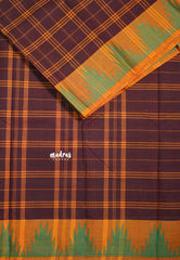 Coffee Brown - Classic Kanchi Chettinad Cotton Kandangi Checks with Temple Weaving Border without Blouse - Best for Temple Visit